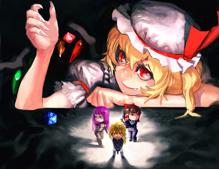 bad_id bad_pixiv_id bespectacled blonde_hair bow brown_hair claws dice fang finger_on_trigger fingernails flandre_scarlet glasses gun hair_bow hair_tubes hakurei_reimu handgun hat highres kirisame_marisa long_hair minigirl multiple_girls nanbo_ataru_(attall) patchouli_knowledge pistol purple_hair red_eyes sharp_fingernails side_ponytail size_difference smile touhou vampire weapon wings