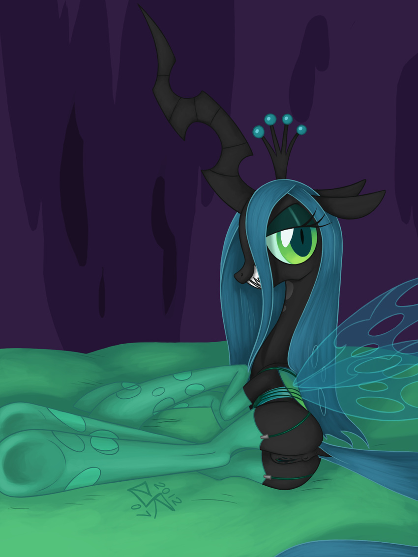 anus butt changeling crown equine fangs female feral friendship_is_magic green_eyes green_hair hair horn ldpony ldr legwear long_hair looking_at_viewer mammal my_little_pony nude presenting pussy queen_chrysalis_(mlp) smile solo stockings wings