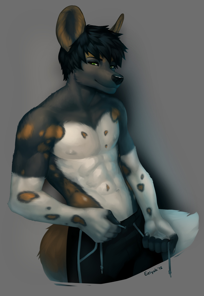 african_wild_dog anthro biceps big_ears black_hair black_nose brown_fur canine cashen clothing eelyak flexing fur green_eyes grey_fur grin hair looking_at_viewer male mammal muscles nipples pecs pose shorts smile solo standing toned topless white_fur