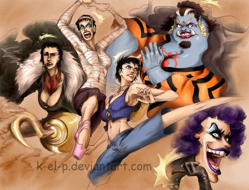 5girls amputee bandage black_hair blue_skin bon_clay breasts cleavage emporio_ivankov female genderswap gloves hat hook_hand jimbei lipstick makeup monkey_d_luffy multiple_girls one_piece purple_hair scar sharp_teeth sir_crocodile straw_hat tusks