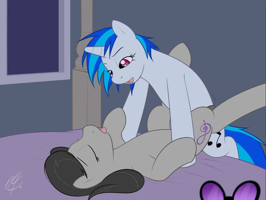 bed black_hair blue_hair cutie_mark equine eyes_closed eyewear fatalfox female feral friendship_is_magic glasses hair horn horse lesbian lying mammal missionary_position my_little_pony octavia_(mlp) on_back open_mouth pony red_eyes sex sunglasses tongue tongue_out two_tone_hair unicorn vinyl_scratch_(mlp)
