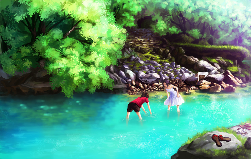 bad_id bad_pixiv_id bare_shoulders brown_eyes brown_hair dress hat hat_removed headwear_removed highres long_hair looking_down multiple_girls original path pengnangehao ponytail road rock sandals scenery shoes shorts skirt_hold sleeveless sleeveless_dress smile tree wading water