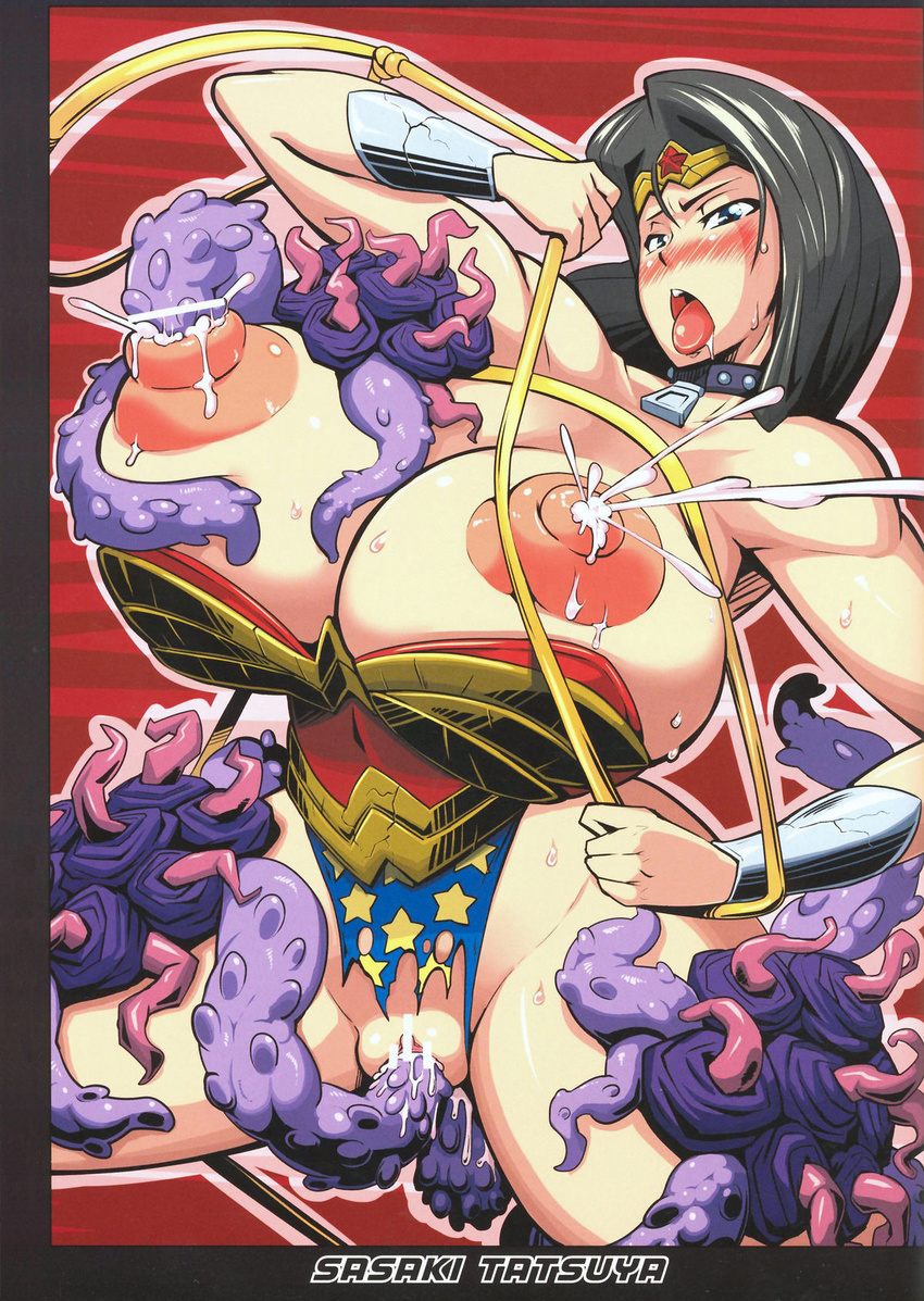 black_hair blush breasts collar dc_comics highres huge_breasts lactation nipple_penetration sasaki_tatsuya tentacle torn_clothes whip wonder_woman