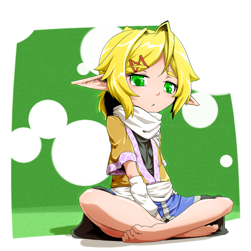 :&lt; barefoot blonde_hair green_eyes hair_ornament hairpin highres indian_style mizuhashi_parsee pointy_ears scarf short_hair short_sleeves sitting solo touhou wide_sleeves yuuki_(yukigeshou_hyouka)