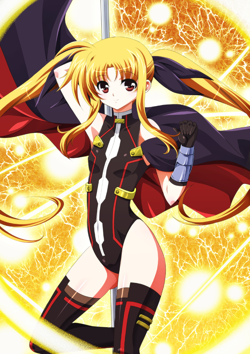 armor bardiche bare_shoulders blonde_hair cape fate_testarossa gloves highres ka2 light_smile long_hair lyrical_nanoha mahou_shoujo_lyrical_nanoha mahou_shoujo_lyrical_nanoha_a's mahou_shoujo_lyrical_nanoha_the_movie_2nd_a's red_eyes solo thighhighs twintails