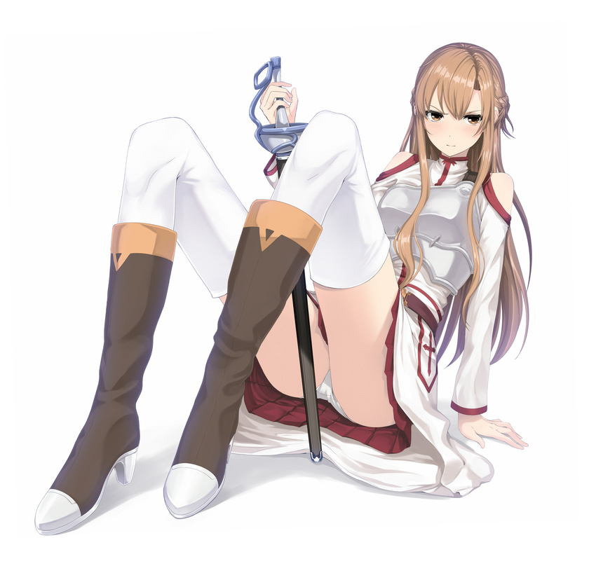 arm_support armor asuna_(sao) bad_id bad_pixiv_id bare_shoulders boots breastplate brown_eyes brown_hair couzone full_body glaring high_heels highres knee_boots long_hair panties pantyshot pantyshot_(sitting) shoes simple_background sitting skirt solo sword sword_art_online thighhighs underwear weapon white_background white_legwear white_panties