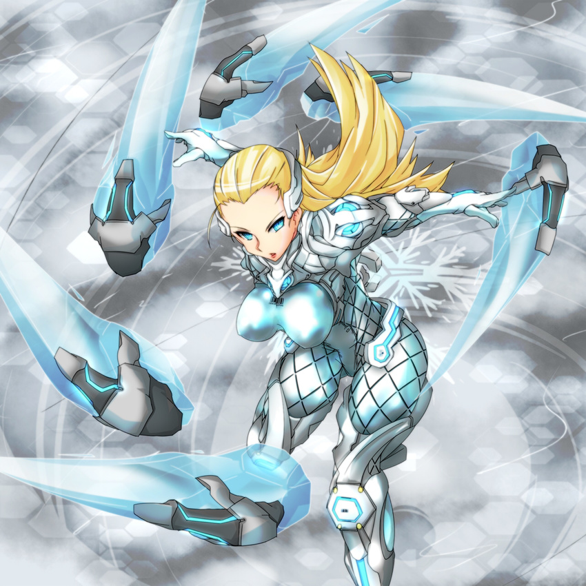 anarchy_reigns barcode blonde_hair blue_eyes bodysuit breasts highres ice large_breasts long_hair max_anarchy sasha_ivanoff sega skin_tight skintight snowflake snowflakes