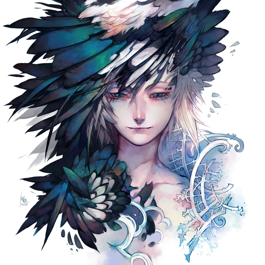 blonde_hair blue_eyes collarbone hat_feather headwear light_smile magpie original short_hair simple_background solo upper_body white_background yi_lee
