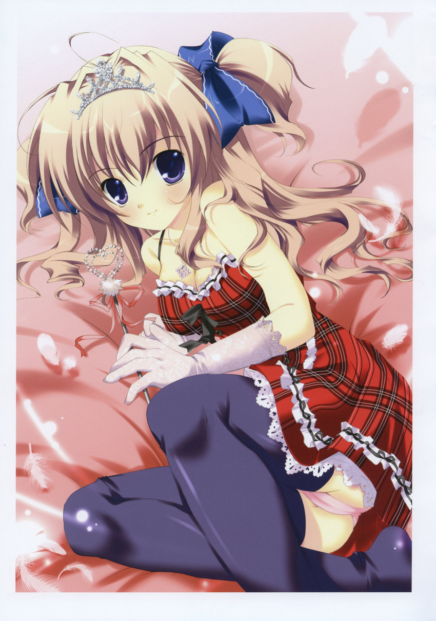 absurdres blue_eyes bow breasts brown_hair cleavage copyright_request crown dress feathers gloves hair_bow hair_intakes highres jewelry long_hair lying medium_breasts mikeou necklace panties pantyshot pink_panties plaid plaid_dress print_gloves purple_legwear scepter solo thighhighs two_side_up underwear