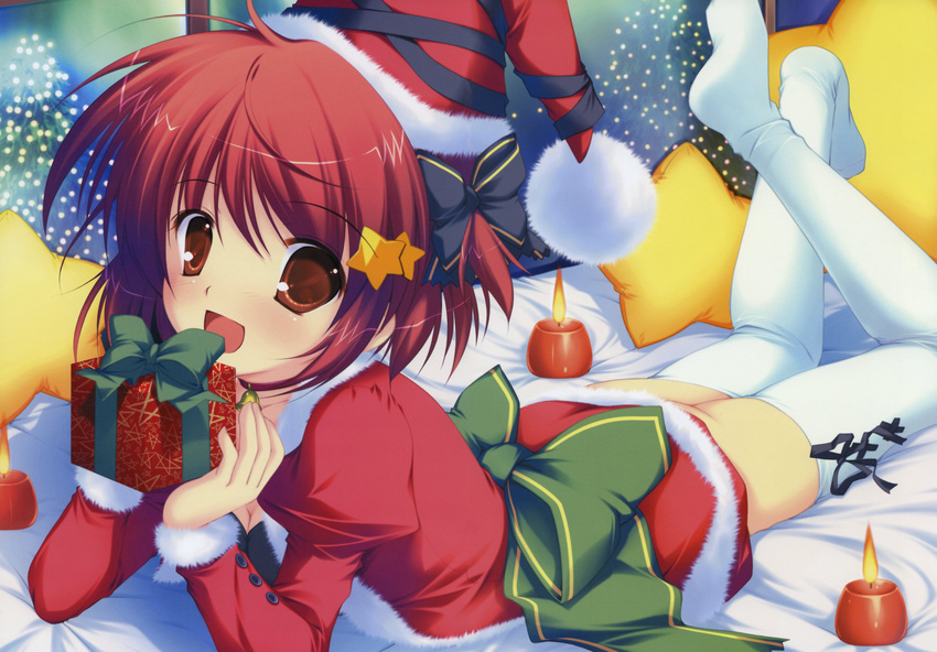 absurdres box candle christmas copyright_request cross-laced_legwear gift gift_box hair_ornament hat highres legs lying mikeou minahoshi_asuho on_stomach pillow red_eyes red_hair santa_costume santa_hat short_hair solo star star_hair_ornament thighhighs white_legwear