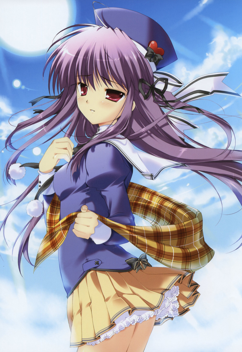 absurdres blush cloud day exit_tunes hair_ribbon hat highres long_hair looking_at_viewer mikeou parted_lips plaid plaid_scarf pleated_skirt purple_eyes purple_hair ribbon scarf school_uniform skirt skirt_lift sky solo wind wind_lift