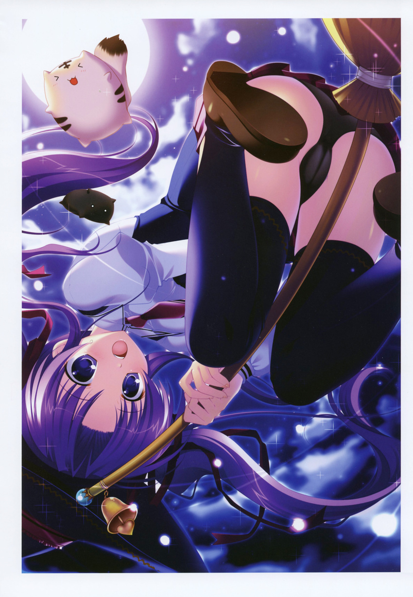 &gt;_&lt; :3 :d absurdres ass black_legwear black_panties cat closed_eyes copyright_request hat highres legs long_hair mikeou open_mouth panties purple_eyes purple_hair smile thighhighs underwear upside-down witch witch_hat xd