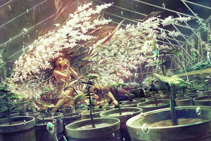 1girl arms_up bare_arms brown_hair dutch_angle floating_hair greenhouse indoors long_hair looking_up lying mou-s on_side original perspective plant plant_wings pot potted_plant sitting sleeveless very_long_hair water water_drop wings