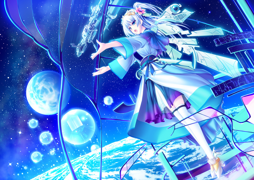 blue_eyes blue_hair flower hair_flower hair_ornament highres long_hair open_mouth original outstretched_arms satellite solo space space_craft star tenmaso thighhighs white_legwear