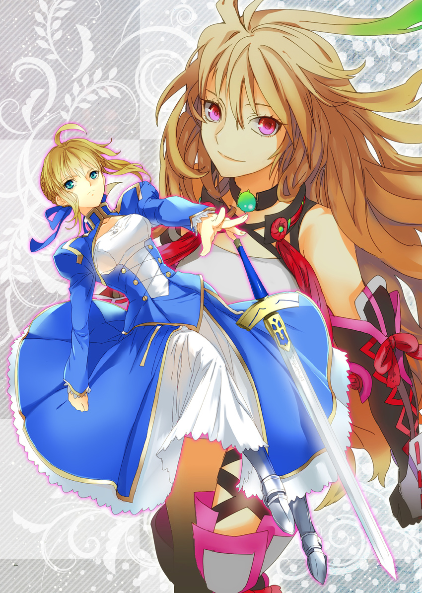 ahoge artoria_pendragon_(all) bare_shoulders blonde_hair blue_eyes braid choker crossover elbow_gloves fate/zero fate_(series) gloves gradient_hair green_hair hair_bun highres long_hair milla_maxwell mooche multicolored_hair multiple_girls red_eyes saber sword tales_of_(series) tales_of_xillia trait_connection weapon