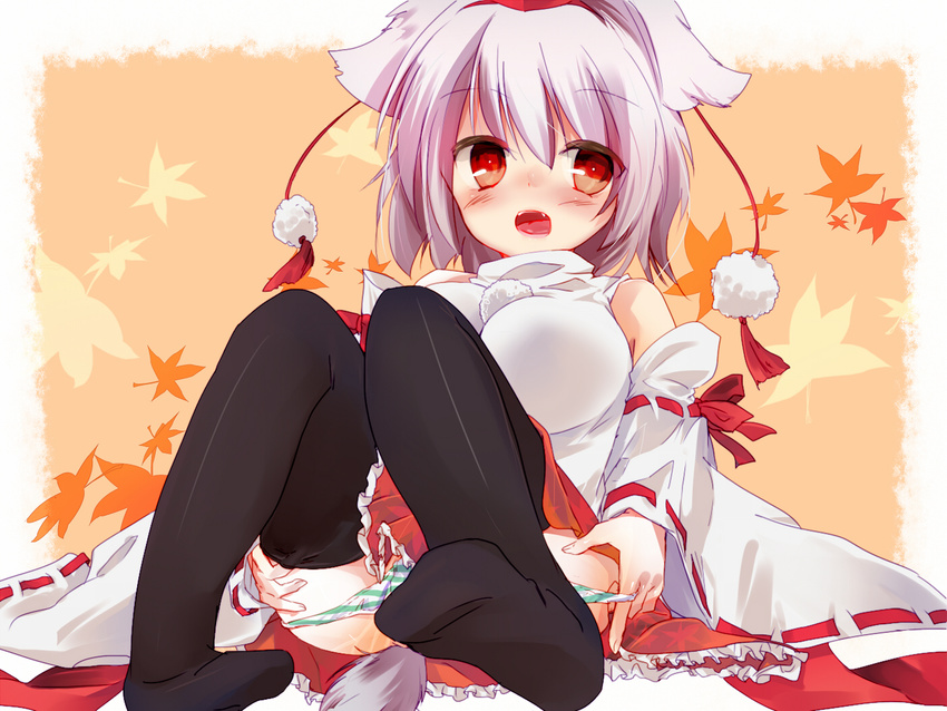 animal_ears blush detached_sleeves fang hat inubashiri_momiji leaf llaoi_h maple_leaf open_mouth panties red_eyes short_hair silver_hair solo striped striped_panties tokin_hat touhou underwear undressing wide_sleeves wolf_ears