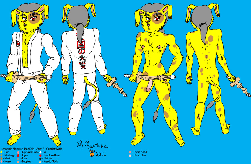 claw_mackain cub gi hybrid lagomorph leonardo_mackain male mammal model_sheet nude penis rabbit red_eyes silver_hair wooden_sword young