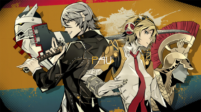 1girl aegis_(persona) android athena_(megami_tensei) bad_id bad_pixiv_id banned_artist blonde_hair blue_eyes grey_eyes grey_hair headphones izanagi narukami_yuu persona persona_3 persona_4 persona_4:_the_ultimate_in_mayonaka_arena school_uniform short_hair smile tazuma_(u283) weapon