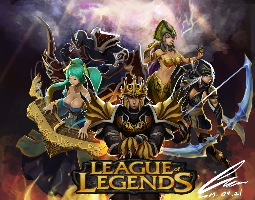 3girls absurdres armor arrow ashe_(league_of_legends) black_hair blonde_hair blue_eyes boots bow_(weapon) breasts brown_eyes cassiopeia_du_couteau claws cleavage closed_eyes cloud crossed_arms green_eyes green_hair helmet highres hood hoodie instrument jarvan_lightshield_iv lamia large_breasts lavender_hair league_of_legends long_hair monster_girl multicolored_hair multiple_boys multiple_girls navel nocturne_(league_of_legends) one_eye_closed oz_(gerbera7) short_hair snake sona_buvelle thigh_boots thighhighs twintails weapon white_hair