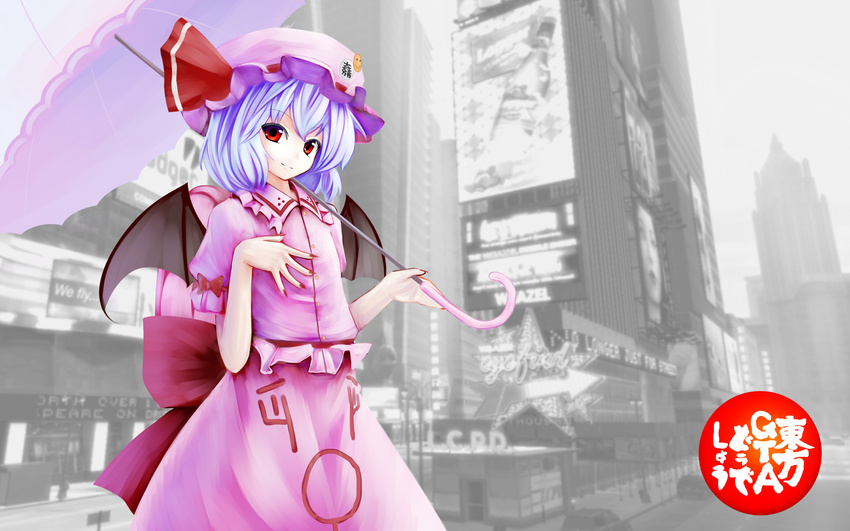 bad_id bad_pixiv_id bat_wings blue_hair grand_theft_auto hat hat_ribbon highres landmark nishi_masakazu parody puffy_sleeves red_eyes remilia_scarlet ribbon short_hair short_sleeves smile solo times_square touhou umbrella wings