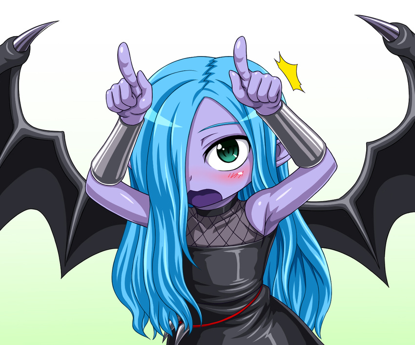 /\/\/\ 1girl alternate_hairstyle arm_warmers armpits arms_up bare_shoulders bat_wings black_wings blue_hair blush bust dress duel_monster fabled_krus fabled_topi female gradient gradient_background green_background green_eyes hair_down hair_over_one_eye hands long_hair looking_at_viewer monster_girl no_mask open_mouth pataniito pataryouto pointing pointy_ears shiny shiny_hair shiny_skin solo standing upper_body wavy_hair wings yu-gi-oh! yuu-gi-ou_duel_monsters