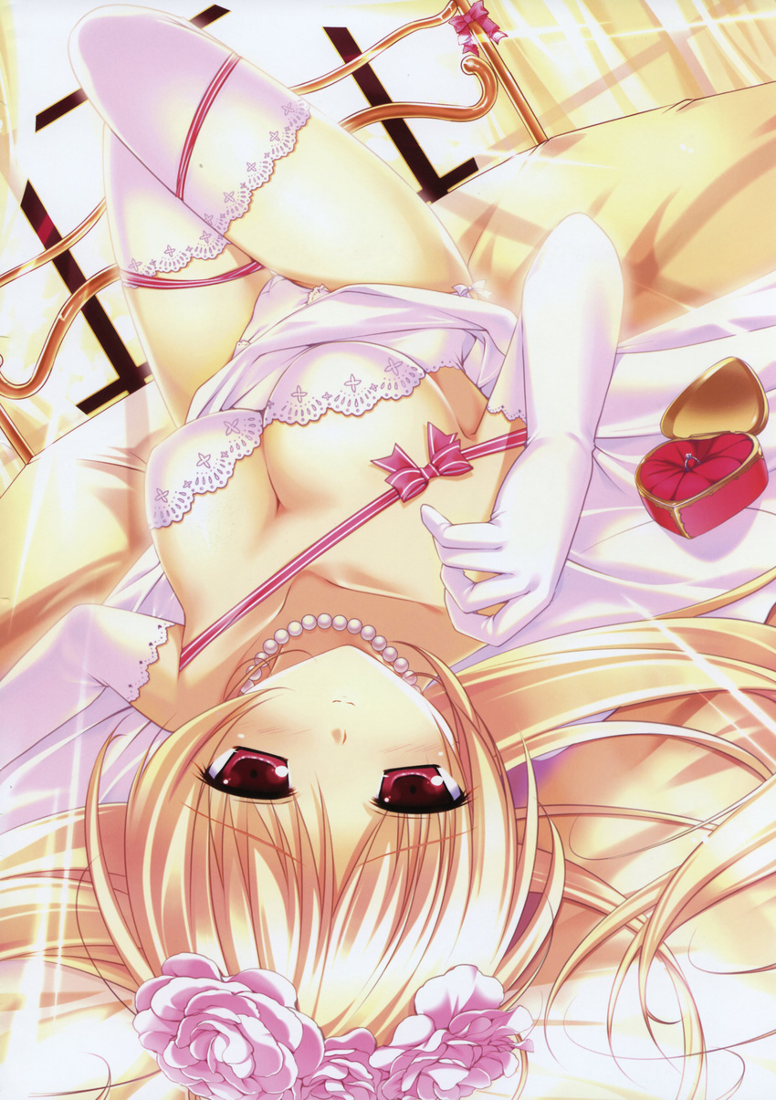 absurdres bed blonde_hair breasts cleavage collarbone copyright_request dress elbow_gloves flower gloves hair_flower hair_ornament highres jewelry lace lace-trimmed_thighhighs long_hair lying medium_breasts mikeou necklace on_back panties red_eyes ring scan solo sunlight thighhighs underwear wedding_ring white_legwear white_panties