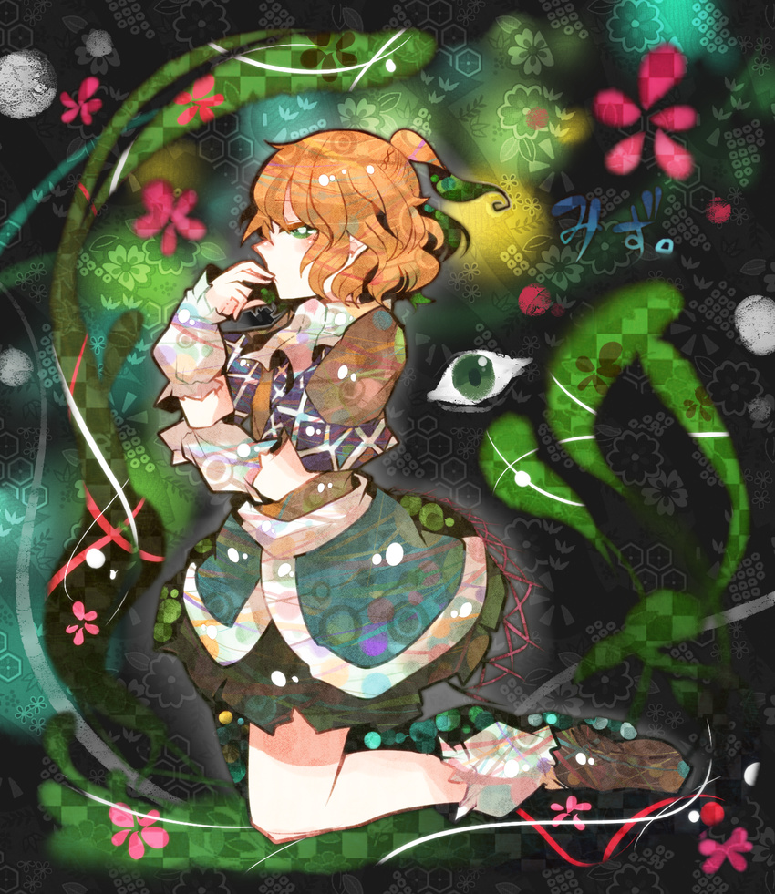 arm_warmers bad_id bad_pixiv_id blonde_hair blush eyes flower green_eyes highres itomugi-kun mizuhashi_parsee pointy_ears scarf shoes short_hair short_sleeves skirt solo touhou