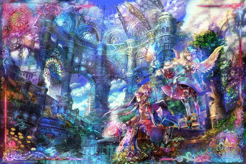 artist_name black_legwear blonde_hair blue_eyes braid brown_eyes brown_hair cityscape cloud collaboration colorful crown detached_sleeves dress feathers flower frame gloves hair_ornament highres lily_(flower) long_hair multiple_girls munashichi original sandals signature sitting smile staff thighhighs wind wings yuu_(arcadia)