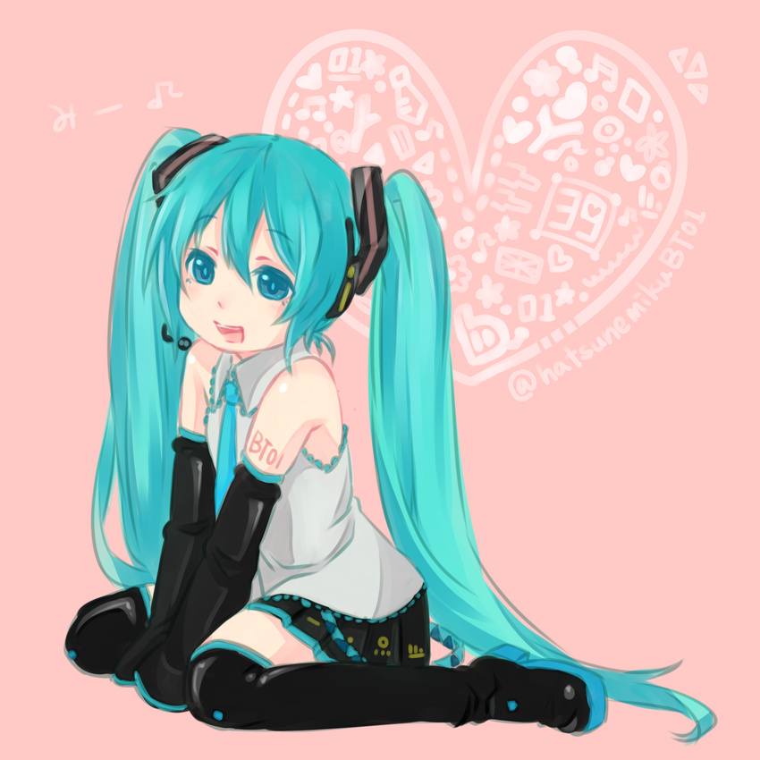 39 aqua_eyes aqua_hair boots character_name detached_sleeves hatsune_miku headset heart hekopon highres long_hair musical_note necktie open_mouth sitting skirt solo thigh_boots thighhighs twintails very_long_hair vocaloid wariza