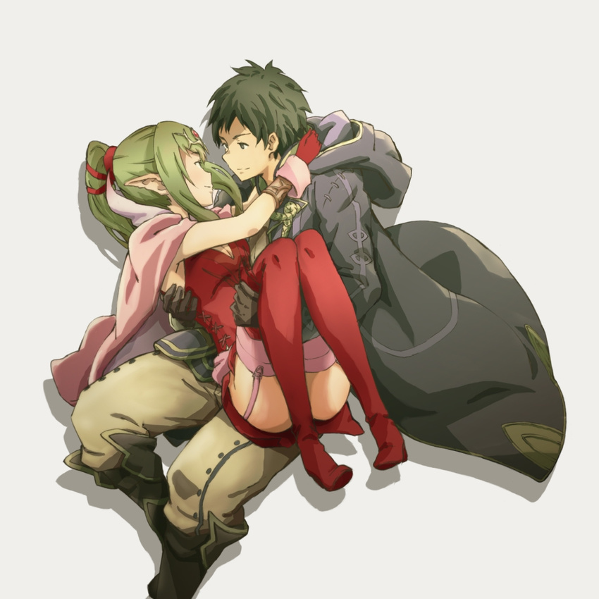 1girl boots bracelet breasts brown_hair cape carrying chiki cleavage cloak couple dress elf fire_emblem fire_emblem:_kakusei fire_emblem:_monshou_no_nazo garter_straps gloves green_hair hair_ornament hair_ribbon hetero hood hood_down hug jewelry long_hair male_my_unit_(fire_emblem:_kakusei) mamkute medium_breasts my_unit_(fire_emblem:_kakusei) pink_legwear pointy_ears ponytail princess_carry red_dress ribbon short_dress side_slit smile suneo_(goten) thigh_boots thighhighs