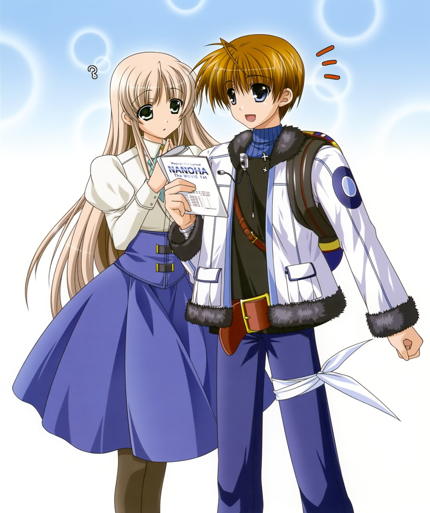 1girl :d :o ? absurdres backpack bag belt blue_eyes brown_hair fur_trim higa_yukari highres jacket lily_strosek long_hair long_skirt lyrical_nanoha mahou_senki_lyrical_nanoha_force mahou_shoujo_lyrical_nanoha mahou_shoujo_lyrical_nanoha_the_movie_1st official_art open_mouth pantyhose script short_hair skirt smile steed_(nanoha) steepled_fingers thoma_avenir