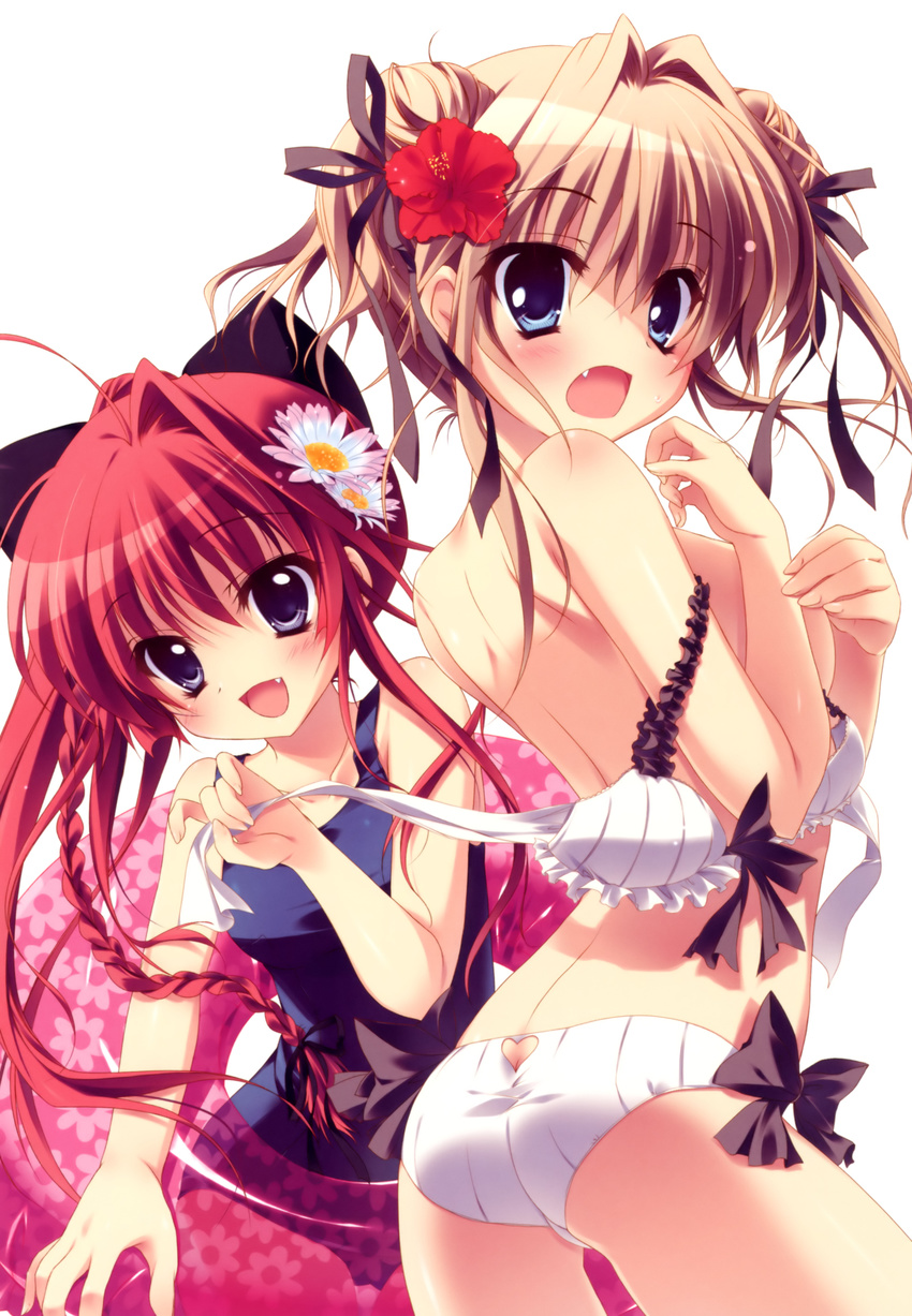 :d absurdres ahoge alternate_hairstyle ass ass_cutout assisted_exposure bare_shoulders bikini blue_eyes braid breasts brown_hair covering covering_breasts double_bun fang flower hair_flower hair_intakes hair_ornament heart_cutout hibiscus highres innertube inui_sana izumi_tsubasu long_hair mashiroiro_symphony medium_breasts multiple_girls one-piece_swimsuit open_mouth ponytail red_hair scan school_swimsuit sena_airi short_twintails sideboob single_hair_intake smile swimsuit twintails white_bikini