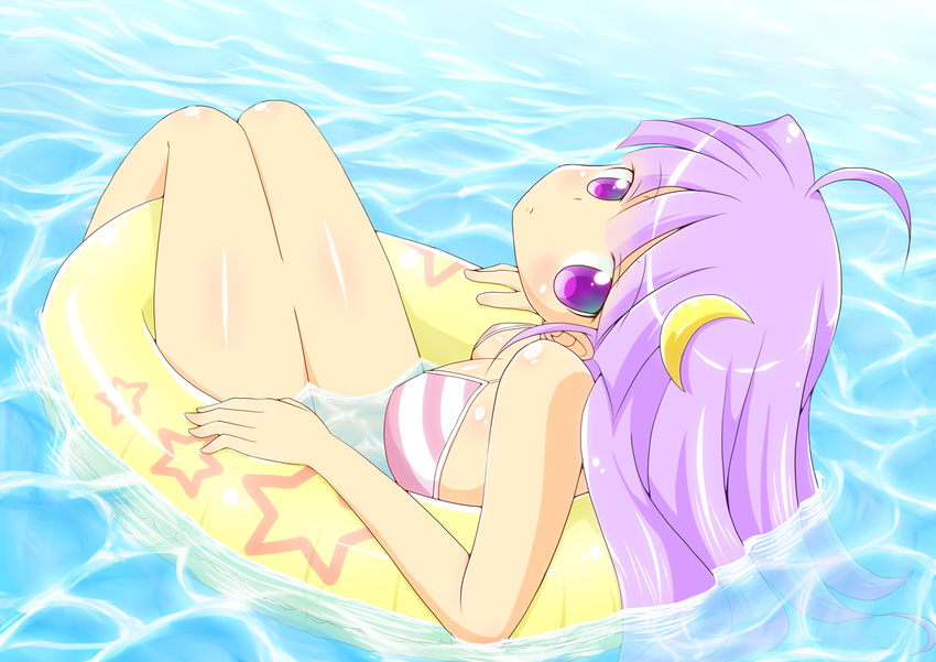 ahoge blush crescent crescent_hair_ornament hair_ornament kasumisometsuki long_hair partially_submerged patchouli_knowledge purple_eyes purple_hair solo star swimsuit touhou water