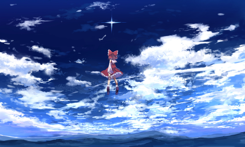 bad_id bad_pixiv_id bare_shoulders bow brown_hair cloud detached_sleeves flying from_behind hair_bow hakurei_reimu highres long_hair ofuda short_hair sky solo star touhou ume_(plumblossom)