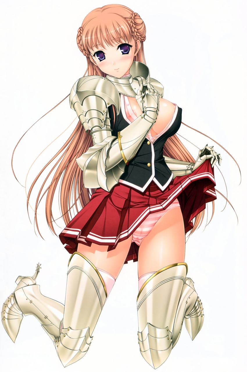 absurdres areola_slip areolae bangs blazer blush boots breasts breasts_apart buttons cameltoe covered_nipples double_bun full_body gauntlets greaves half_updo hand_on_own_chest high_heel_boots high_heels highres jacket kneeling komori_kei large_breasts light_smile long_hair looking_at_viewer no_bra noel_maresse_ascot official_art open_clothes open_shirt orange_hair panties pauldrons pink_legwear pink_panties pleated_skirt purple_eyes scan school_uniform shiny shiny_skin shirt sideboob simple_background skindentation skirt skirt_lift smile solo spurs striped striped_panties thigh_boots thighhighs underwear very_long_hair walkure_romanze white_background
