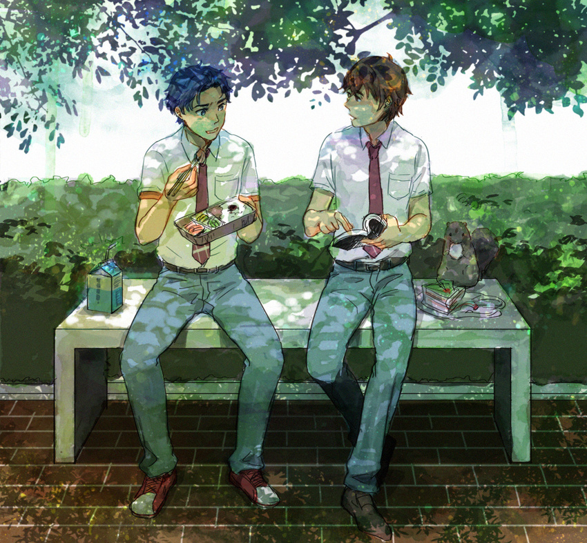 animal ashinomoto belt bench black_hair book brown_hair chopsticks dappled_sunlight eating food maeda_atsuhiro male_focus milk multiple_boys necktie obentou open_book rice school_uniform sitting squirrel sunlight tanaka_taichi tari_tari