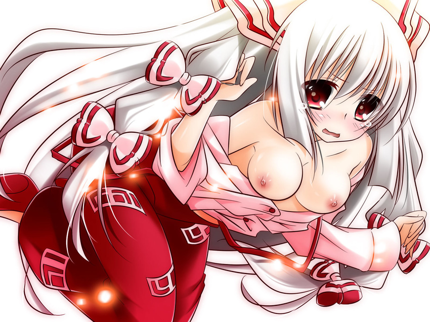 bow breasts collarbone fujiwara_no_mokou hair_bow highres long_hair long_sleeves medium_breasts nipples off_shoulder open_mouth red_eyes silver_hair solo suzuki_nene touhou very_long_hair