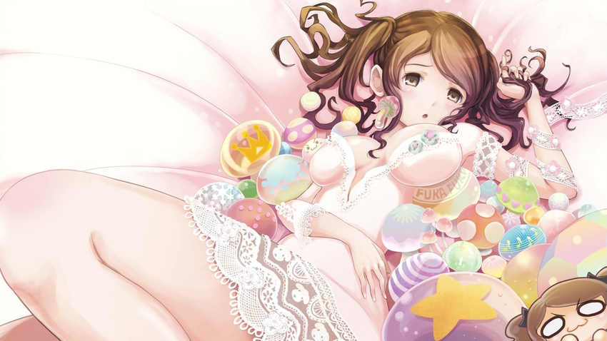 :3 amagami ball breasts brown_eyes brown_hair chibi dress highres lace lace-trimmed_dress lying medium_breasts mushroom musical_note nakata_sae open_mouth otoufu solo star twintails v-shaped_eyebrows wallpaper