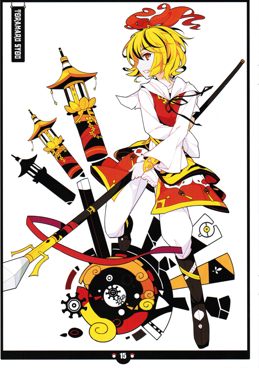 absurdres adapted_costume bishamonten's_spear black_hair blonde_hair boots character_name hair_ornament highres holding ideolo kunreishiki long_sleeves multicolored_hair orange_eyes polearm scan short_hair solo spear toramaru_shou touhou two-tone_hair weapon