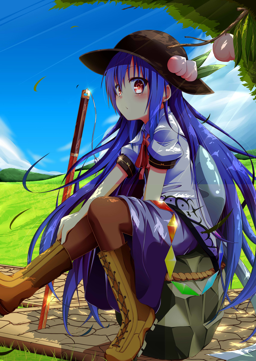 absurdres blue_hair blush boots brown_legwear cloud cross-laced_footwear day food fruit hat highres hinanawi_tenshi keystone knee_boots lace-up_boots long_hair looking_at_viewer pantyhose path peach planted_sword planted_weapon red_eyes road shade sitting sky solo sword sword_of_hisou touhou very_long_hair wakagi_repa weapon