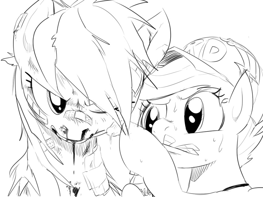 applesarcum black_and_white blood cub cutie_mark_crusaders_(mlp) equine female feral friendship_is_magic hair hat horse mammal monochrome my_little_pony pegasus plain_background pony rainbow_dash_(mlp) scootaloo_(mlp) sunibee sweat white_background wings young