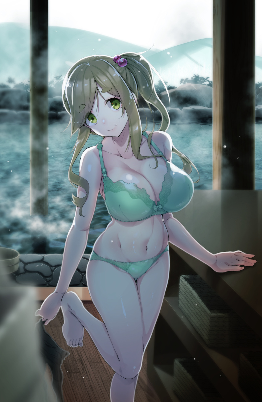 1girl akahito arm_support bangs basket blurry blush bow bow_panties bra breasts depth_of_field eyebrows_visible_through_hair fang fang_out frilled_bra frilled_panties frills green_bra green_eyes green_panties hair_bobbles hair_ornament head_tilt highres inuyama_aoi large_breasts looking_at_viewer navel onsen panties pantsu pantyhose rock scrunchie side_ponytail snow standing standing_on_one_leg steam stomach swept_bangs thick_eyebrows thighs underwear underwear_only undressing water wooden_floor yurucamp