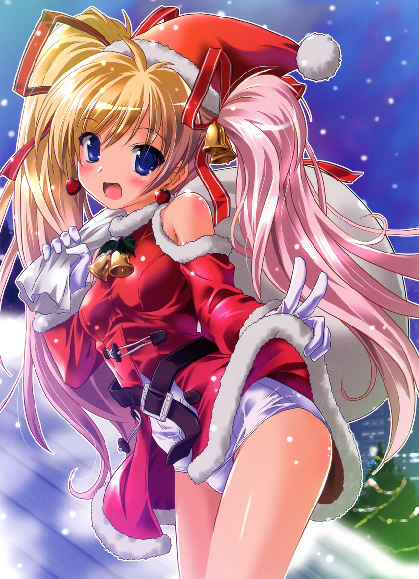 :d absurdres bare_shoulders bell blonde_hair blue_eyes blush christmas earrings food_themed_earrings gloves hagano_ichigo hair_bell hair_ornament hair_ribbon hat highres holding jewelry komatsu_eiji long_hair looking_at_viewer multicolored_hair one-piece_swimsuit open_mouth original outline pink_hair ribbon sack santa_hat scan school_swimsuit smile solo strawberry_earrings swimsuit swimsuit_under_clothes twintails white_gloves white_school_swimsuit white_swimsuit