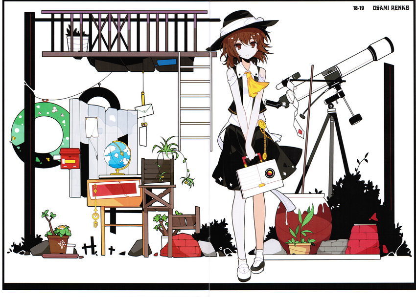 absurdres ascot brown_eyes brown_hair character_name globe hat highres holding ideolo looking_at_viewer plant scan shirt shoes short_hair short_sleeves skirt socks solo telescope touhou usami_renko v_arms vest