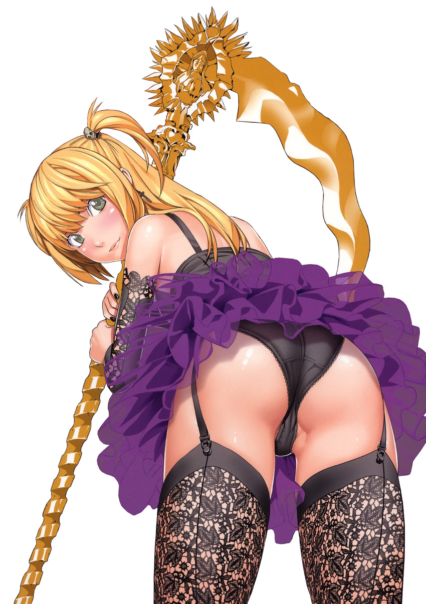amane_misa ass bangs bent_over blonde_hair death_note garter_straps green_eyes highres looking_back panties scythe solo sugaishi thighhighs transparent_background two_side_up underwear