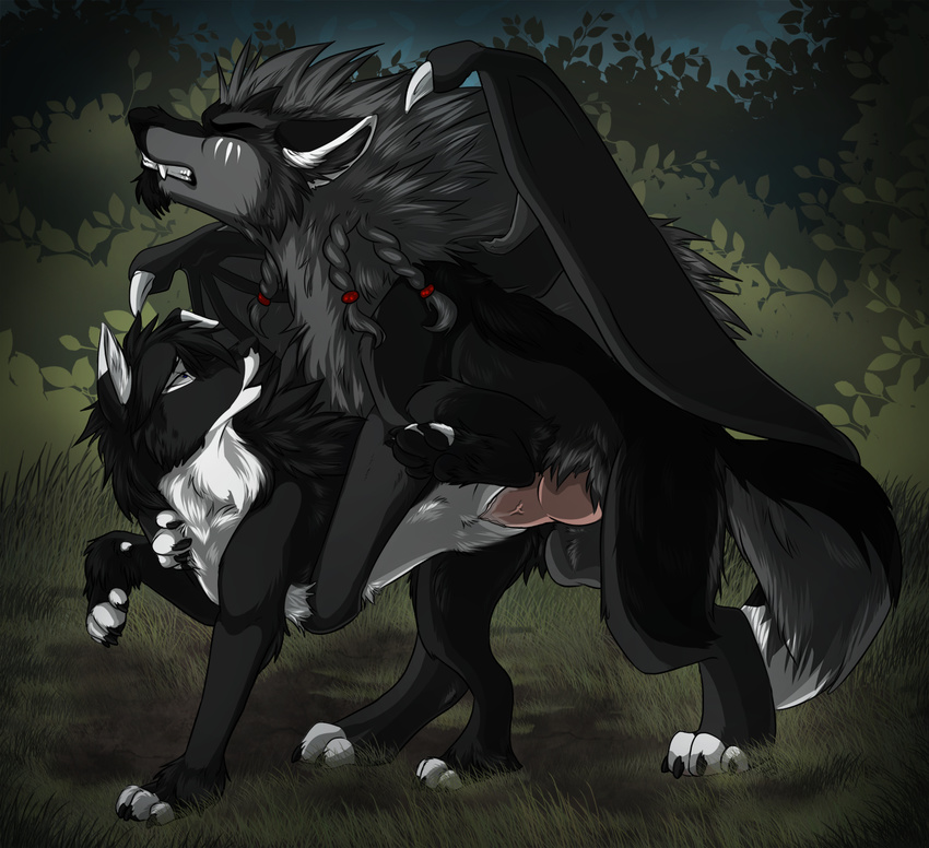 anatomically_correct anatomically_correct_pussy animal_genitalia balls big_balls black_fur black_hair black_nose blue_eyes bush canine canine_penis canine_pussy claws clenched_teeth digitigrade doggystyle eyes_closed fangs female feral feral_on_feral from_behind fur grass grey_fur grey_hair grimace hair hindpaw knot male mammal mane markings mounting multi-colored_body mysticsabre mysticsabreonic open_mouth orgasm outside paws penetration penis plant pussy pussy_juice sex straight teeth vaginal vaginal_penetration white_fur wings wolf