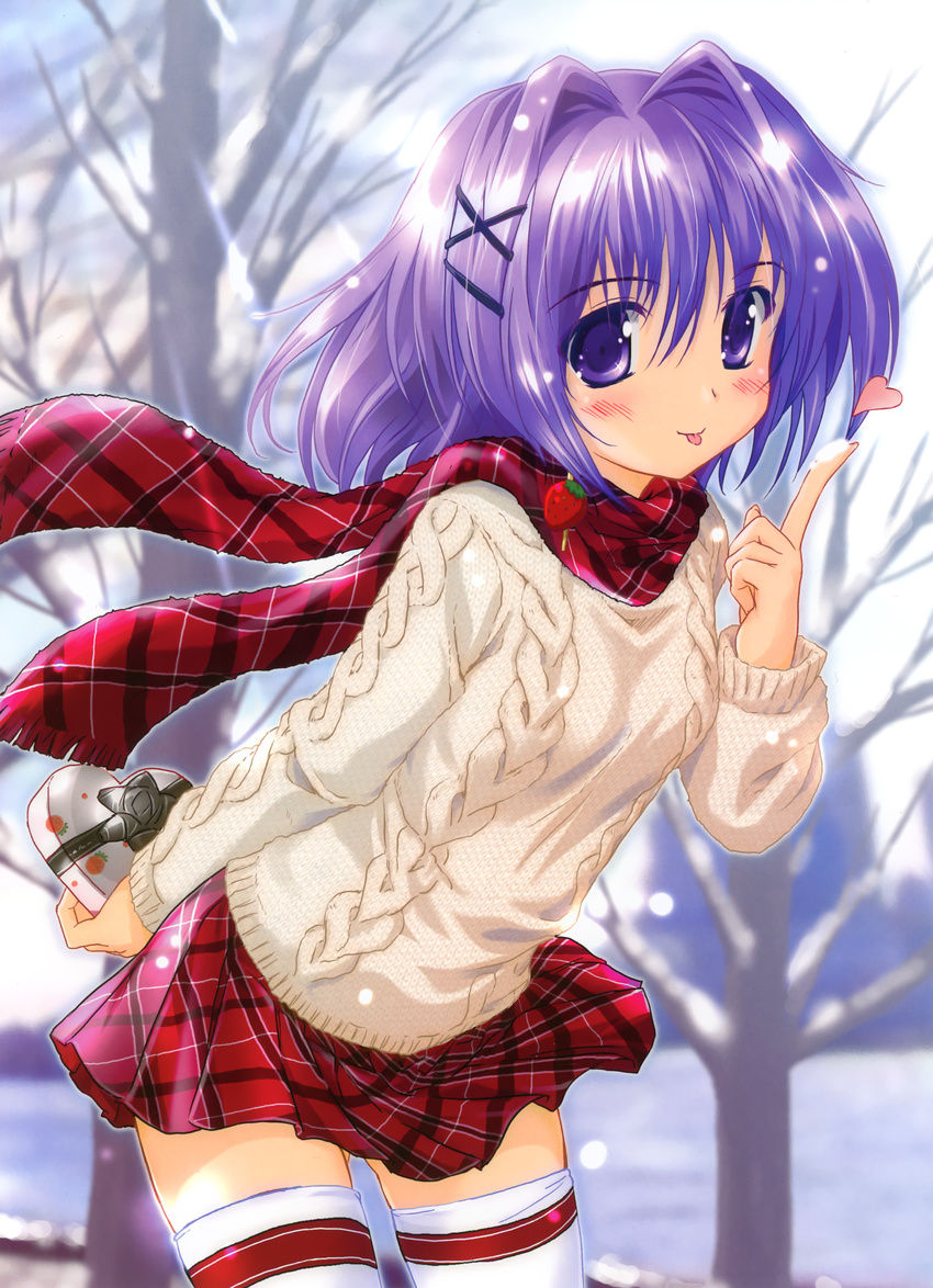 :p absurdres blurry blush copyright_request depth_of_field gift hair_intakes heart highres komatsu_eiji leaning_forward object_behind_back plaid plaid_scarf plaid_skirt pleated_skirt purple_eyes purple_hair scan scarf short_hair skirt snow solo sunlight sweater thighhighs tongue tongue_out tree white_legwear winter zettai_ryouiki