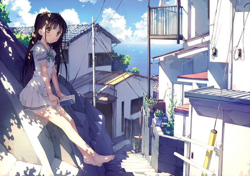 absurdres alley architecture bare_legs barefoot black_hair blue_sky blush book cloud dappled_sunlight day highres house kantoku long_hair looking_at_viewer nagisa_(kantoku) ocean original pleated_skirt retaining_wall scan scenery school_uniform shade sitting skirt sky smile solo stairs sunlight tree_shade two_side_up yellow_eyes