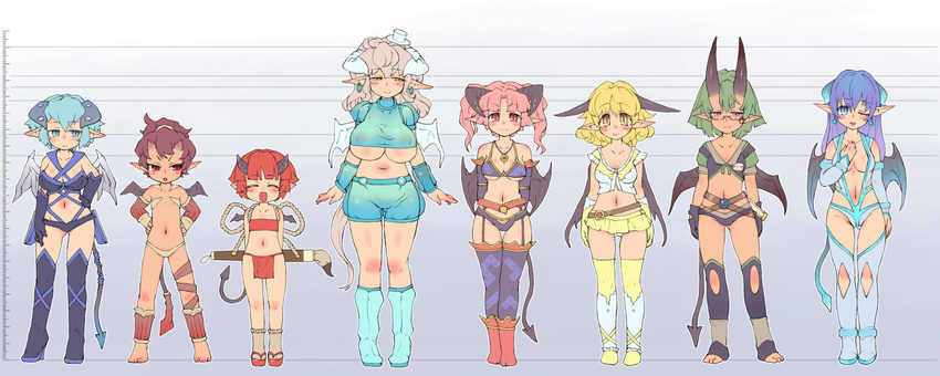 bandeau barefoot blonde_hair blue_footwear blue_hair blush boots bra breasts brush cleavage crop_top demon_girl demon_tail earrings flat_chest glasses green_hair horns jewelry knee_boots large_breasts midriff miniskirt multiple_girls navel one_eye_closed open_mouth original pink_hair pointy_ears purple_hair red_hair sankuma skirt smile tail thigh_boots thighhighs underboob underwear wings