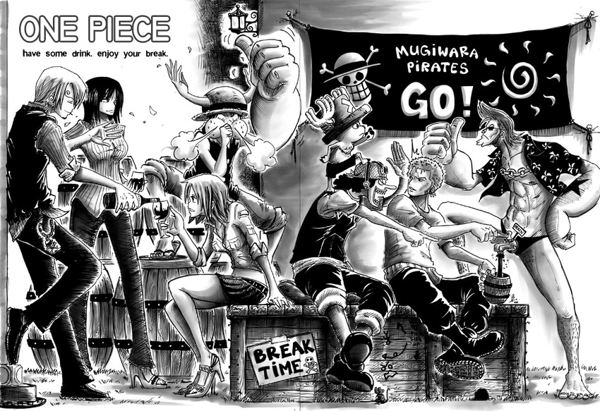 6+boys abs alcohol antlers bandana boots chain_necklace copyright_name e1n earrings everyone extra_arms faucet franky greyscale hat jewelry long_hair monkey_d_luffy monochrome multiple_boys multiple_girls nami_(one_piece) nico_robin one_piece open_clothes open_shirt roronoa_zoro sanji shirt short_hair straw_hat straw_hats_jolly_roger sunglasses tattoo tony_tony_chopper usopp wine